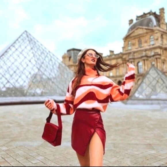 ZARA BLOGGER RED PINK RETRO MOD SWIRL JACQUARD KNIT MOCKNECK SWEATER TURTLENECK - Picture 4 of 13